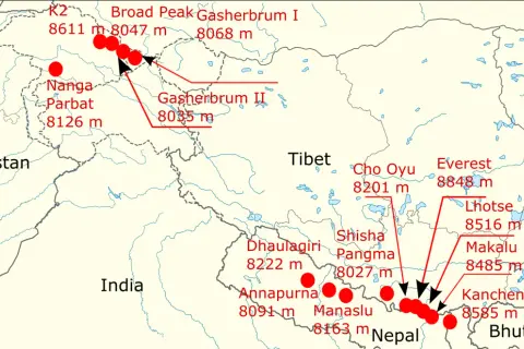 Karte der 8000er Berge: K2, Everest, Nanga Parbat und weitere Gipfel in Pakistan, Indien, Nepal, Tibet und Bhutan.