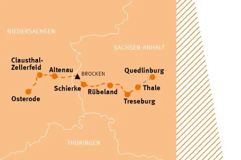 Karte zeigt die Etappen des Harzer Hexenstiegs: Osterode, Clausthal-Zellerfeld, Altenau, Schierke, Brocken, Rübeland, Thale, Treseburg, Quedlinburg.