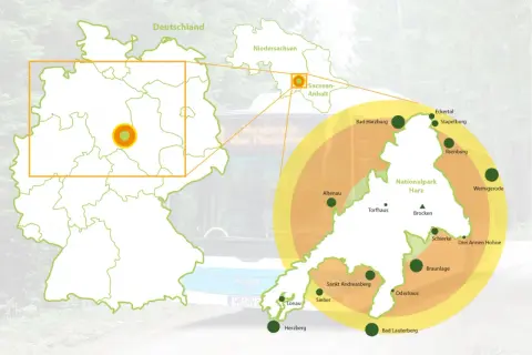 Karte zeigt Deutschland mit Hervorhebung des Harzes. Der Brocken liegt in Sachsen-Anhalt, im Nationalpark Harz.
