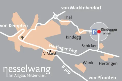 Karte von Nesselwang mit Orten wie Thal, Rindegg, Hertingen und dem besinnungsweg Nesselwang.