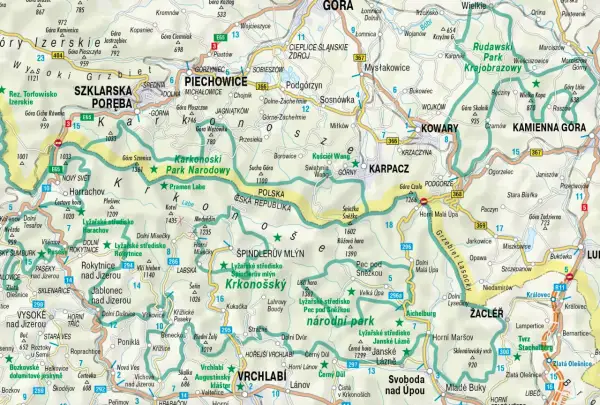 Eine detaillierte **Riesengebirge Karte** mit vielen Ortschaften, Nationalparks und Skigebieten.