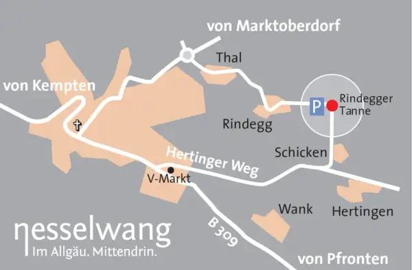Karte von Nesselwang mit Orten wie Thal, Rindegg, Hertingen und dem besinnungsweg Nesselwang.