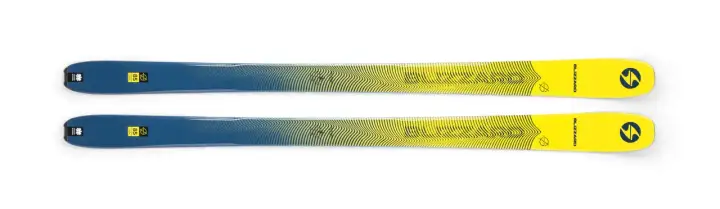 Zwei Blizzard Zero G 85 Tourenski mit blau-gelbem Wellendesign. Perfekt für deine nächste Tour!