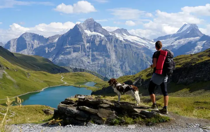 Wanderer mit Hund genießen atemberaubende Aussicht auf Bergseen und Gipfel. Perfekt für mehrtagestouren alpen.
